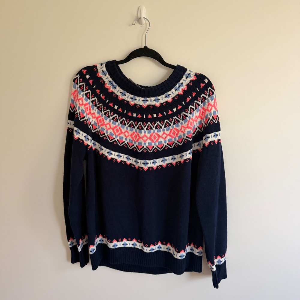 J.Crew Fair Isle Crewneck Sweater Navy Pink Blue Cotton Blend XXL BC570